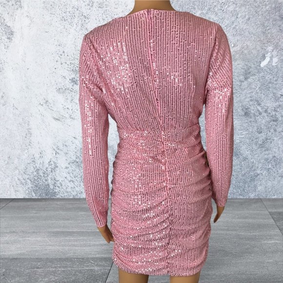Sequin Ruched Mini Dress Small S Pink Lined Plunging Deep Neckline Long Sleeves - Picture 8 of 16